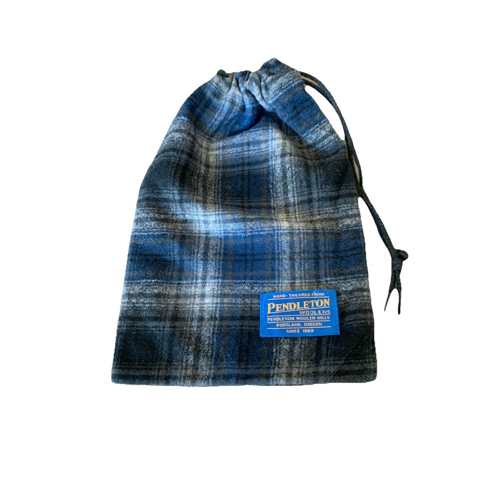 Pendleton Wool Drawstring Gift Bag Pouch Shoe Travel Navy Blue Plaid 10”x7” EUC